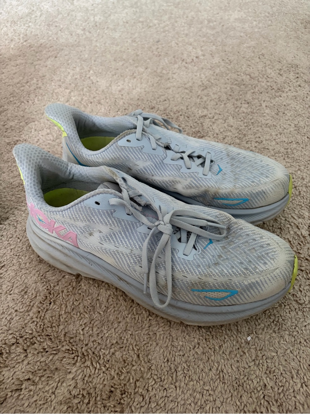 Hoka Women's Light Gray Athletic Sneakers with Pink and Blue Accents